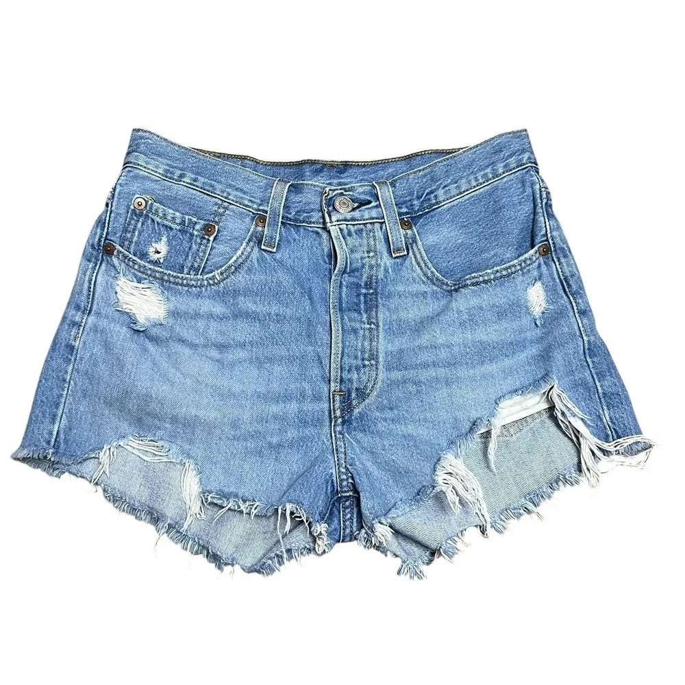Levi's 501 Original Denim Shorts Womens 26 Blue Distressed Cut Off Festival Boho